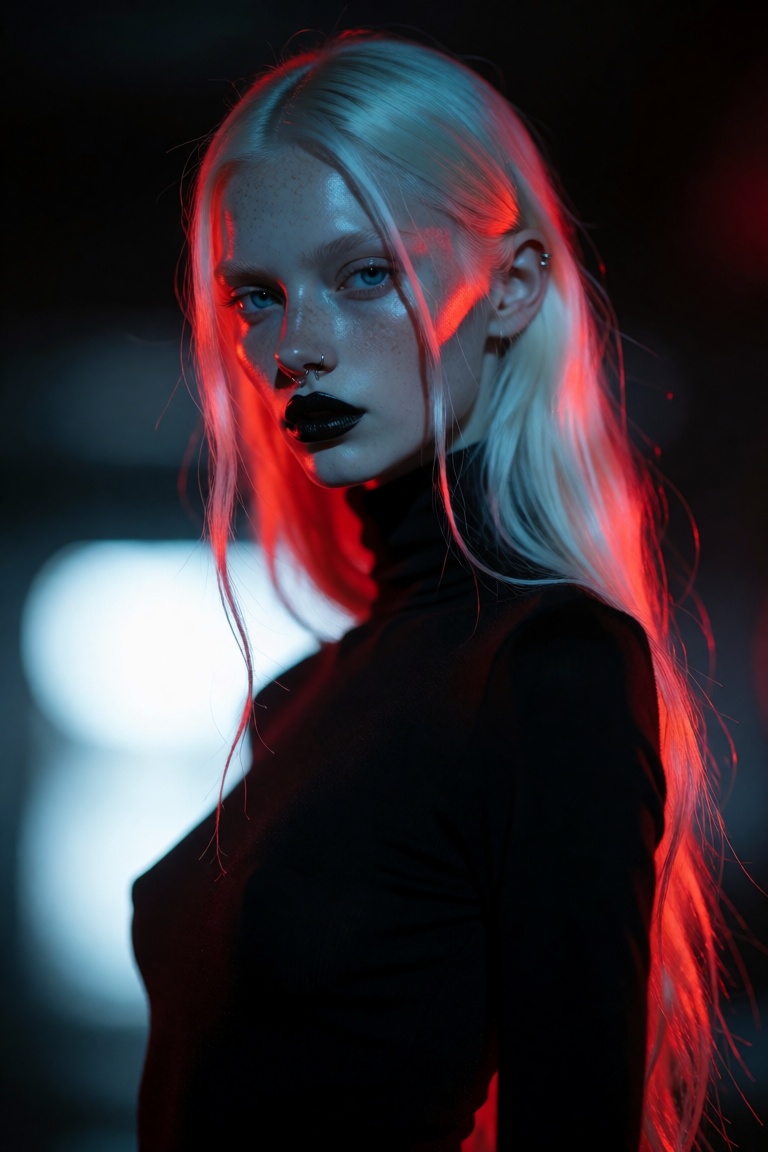 This is a digital photograph of a young woman with a striking,  ethereal appearance. She has long,  straight on Tensor.Art