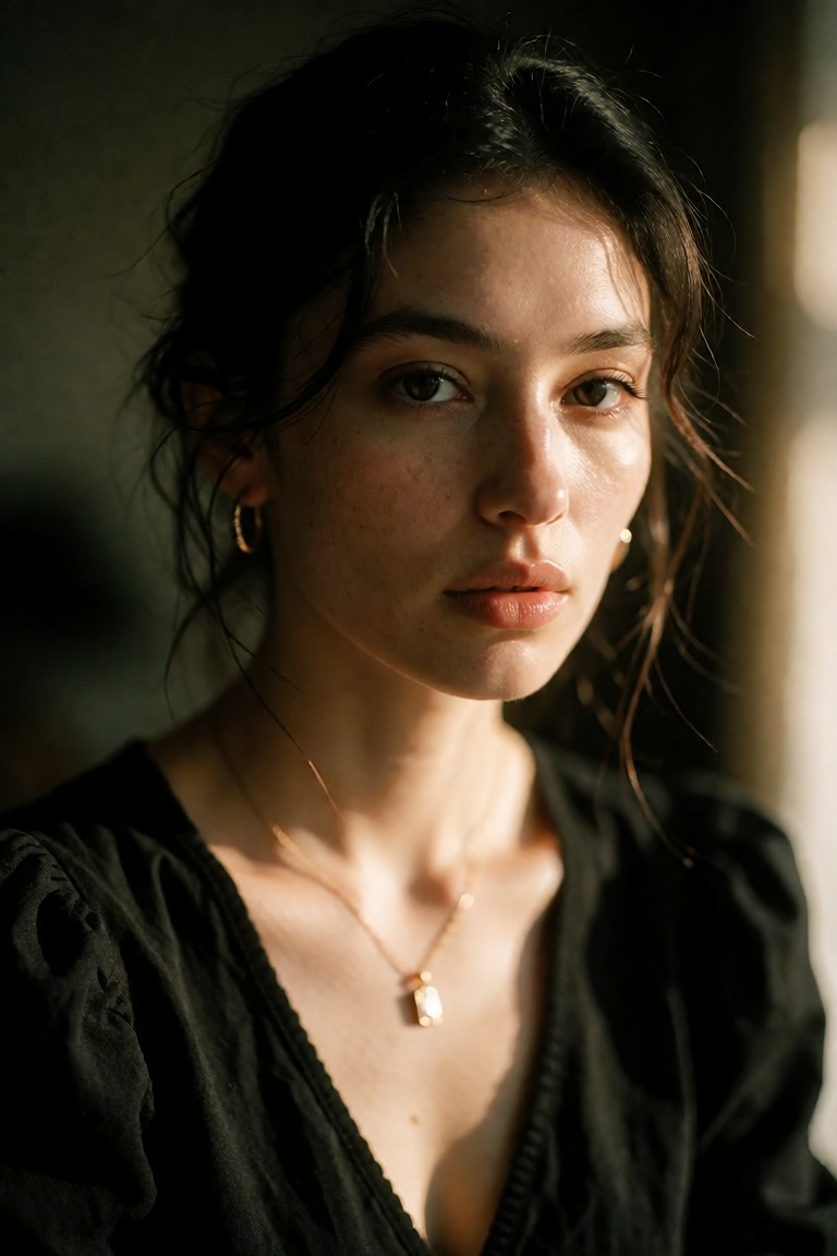 This is a photograph of a young Asian woman with fair skin and dark brown hair,  styled in a simple,  slightly messy updo....