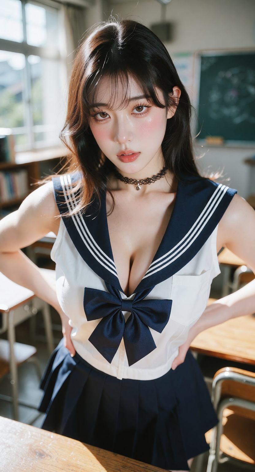 A photorealistic cinematic close shot of one ***** East Asian woman standing in a bright modern classroom,  looking at the...