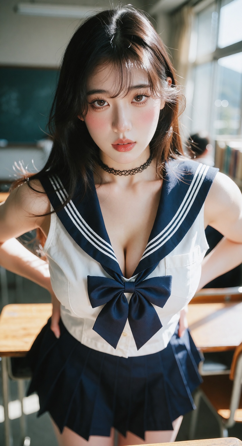 A photorealistic cinematic close shot of one ***** East Asian woman standing in a bright modern classroom,  looking at the...