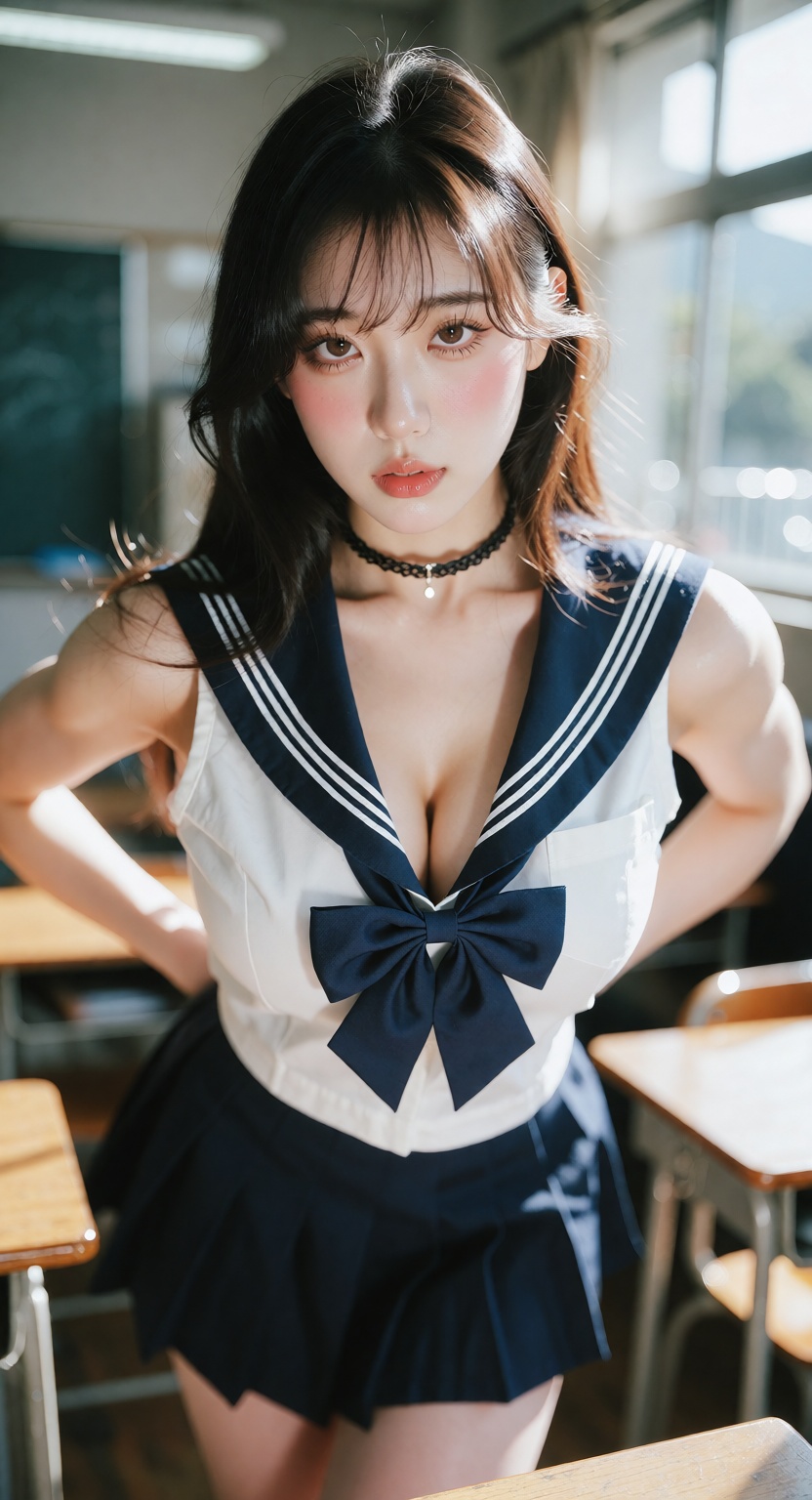 A photorealistic cinematic close shot of one ***** East Asian woman standing in a bright modern classroom,  looking at the...