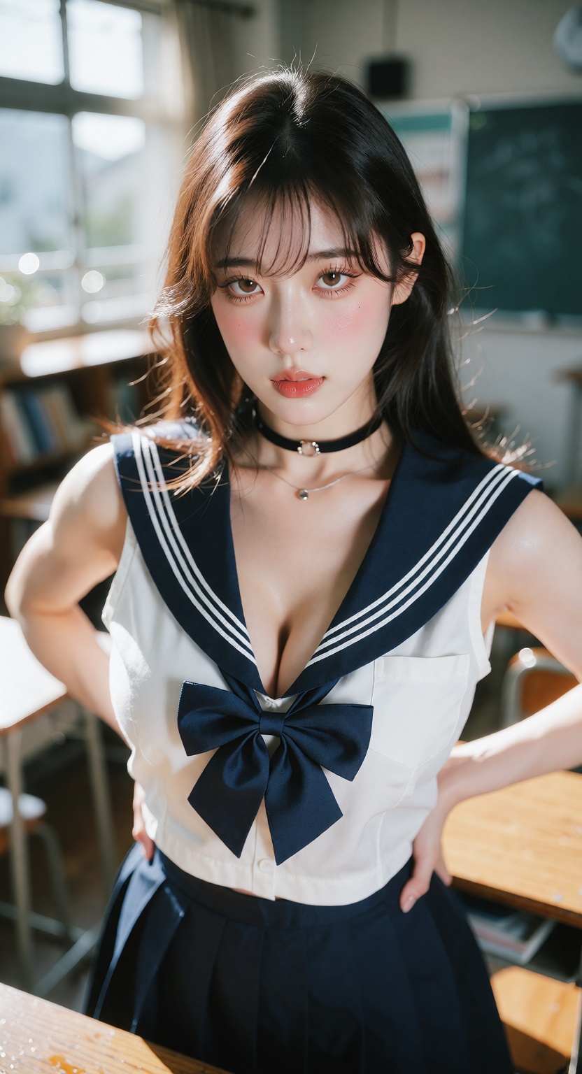 A photorealistic cinematic close shot of one ***** East Asian woman standing in a bright modern classroom,  looking at the...