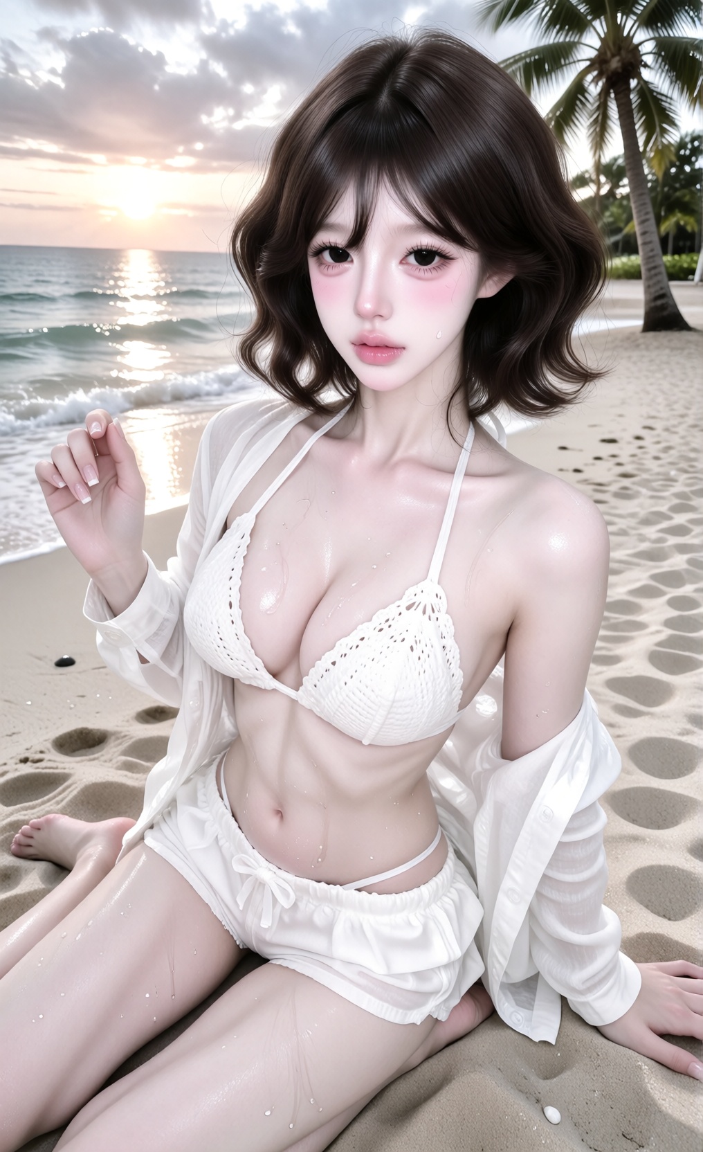 dark brown hair,  (((short bob wavy hair))) photorealistic portrait of beautiful young Asian girl,  (big breast) on Tensor...