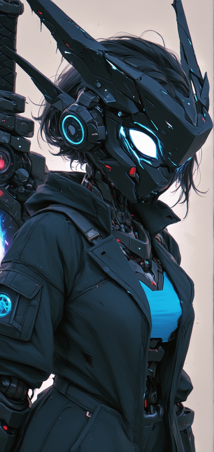 The girl abandoned horror mecha with (black blue cool style),  cyber engine headset,  epic black mask on Tensor.Art