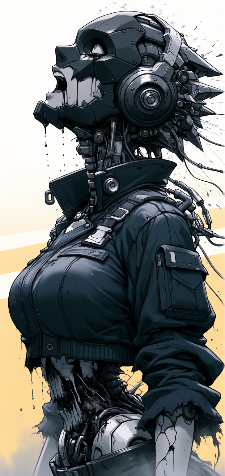 The girl abandoned horror mecha with (black blue cool style),  cyber engine headset,  epic black mask on Tensor.Art