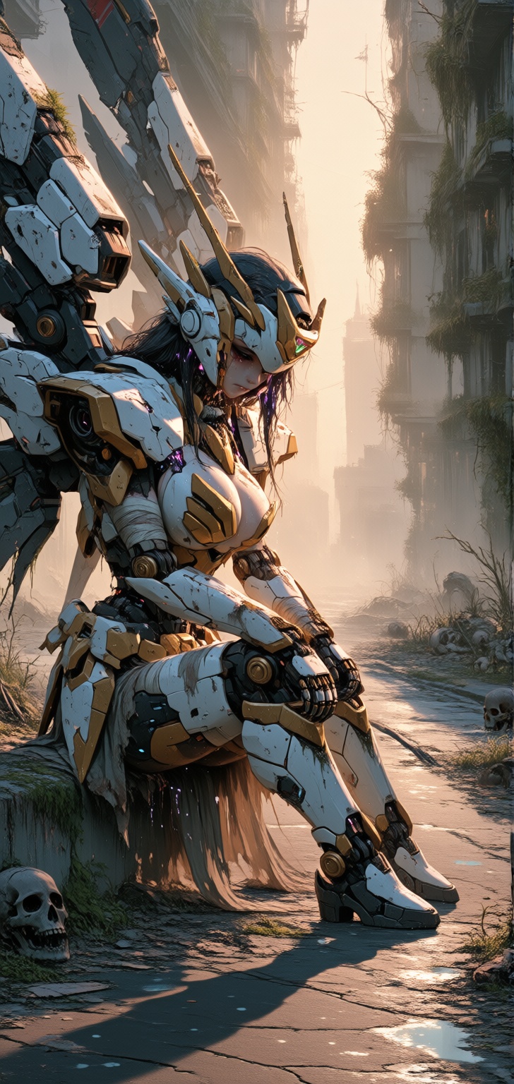 A towering,  fallen angel-themed mecha maiden sits on a desolate road,  leaning heavily on her massive on Tensor.Art