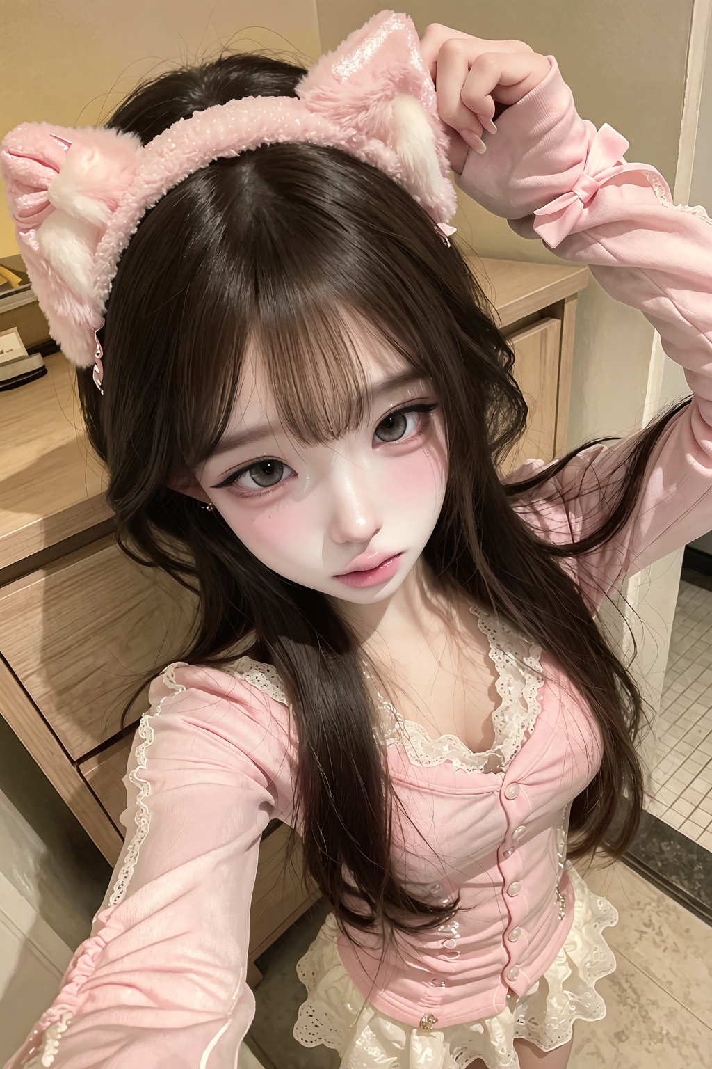 layered Korean hush cut with soft air bangs,  ,  round expressive eyes A photorealistic close-up selfie of a young woman p...