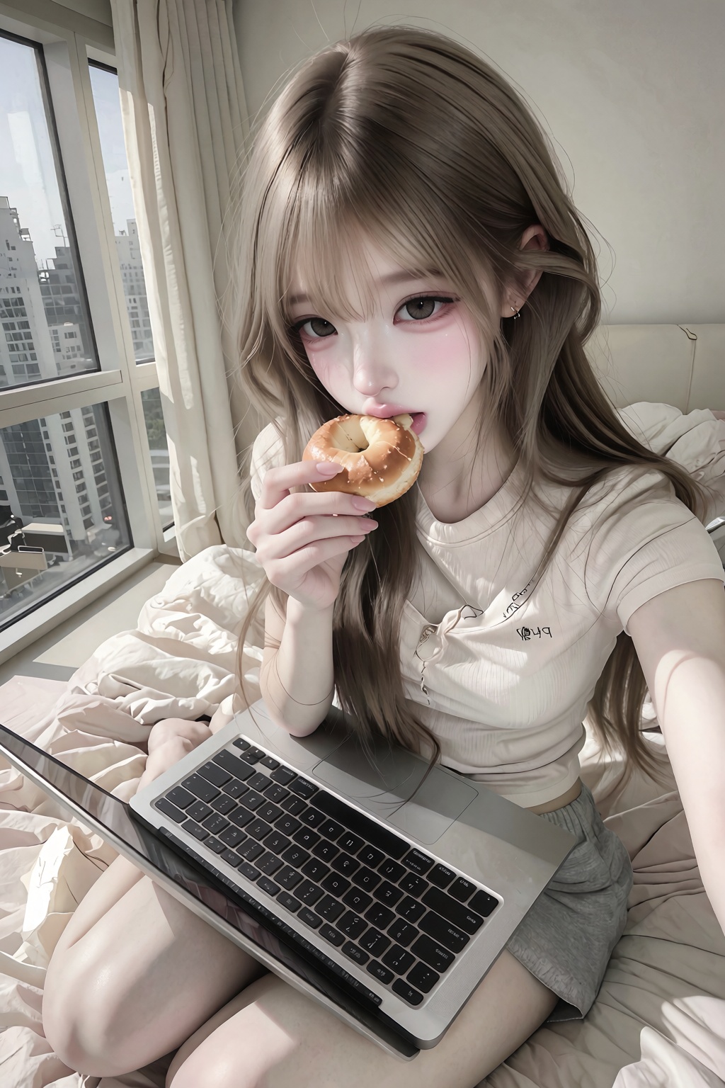 trendy soft wolf cut with wispy layers,  ,  round expressive eyes A photorealistic candid lifestyle photograph of a young...