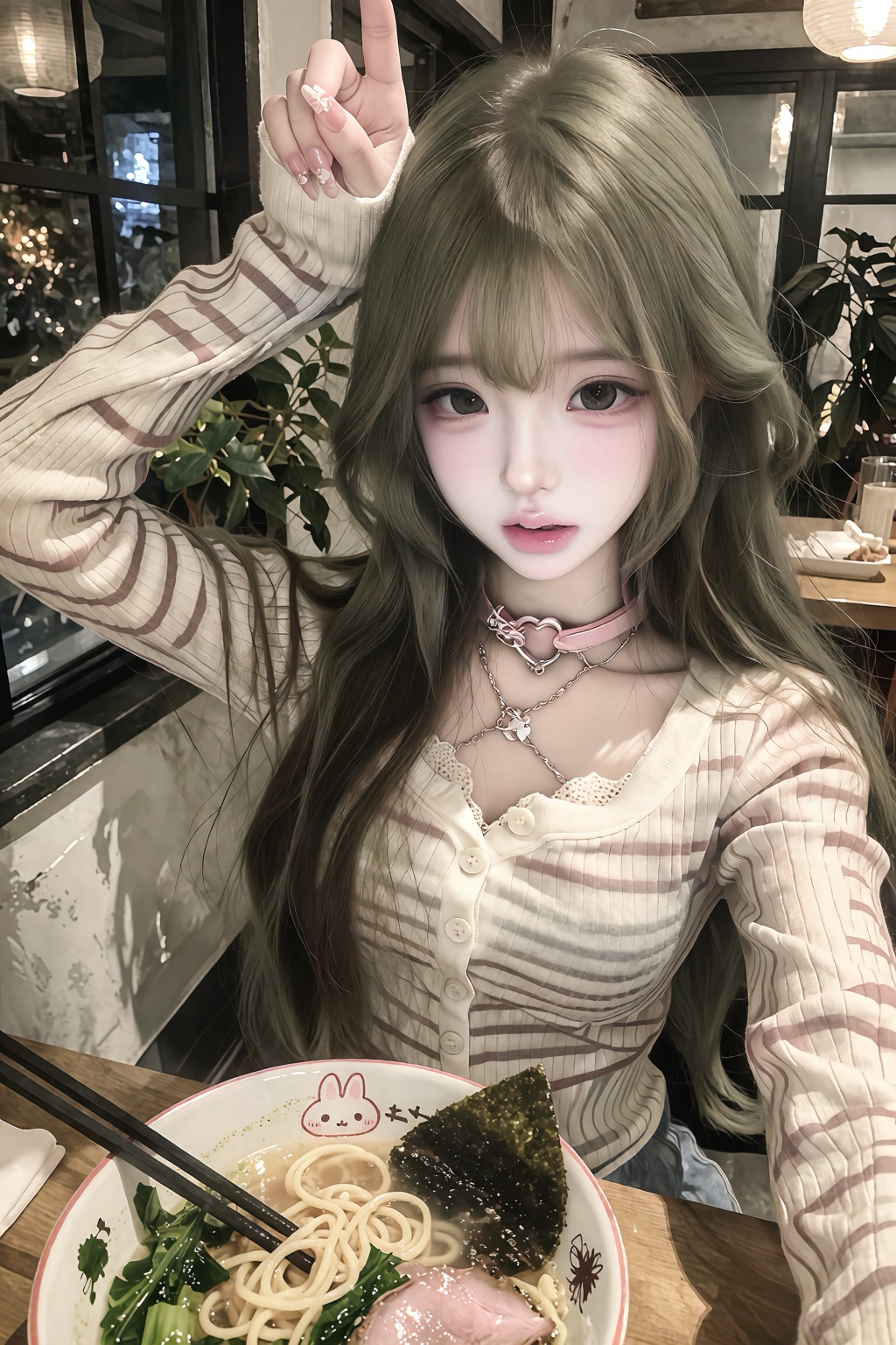 long straight hair with soft blocky hime cut layers around the jaw,  ,  delicate facial features A photorealistic close-up...