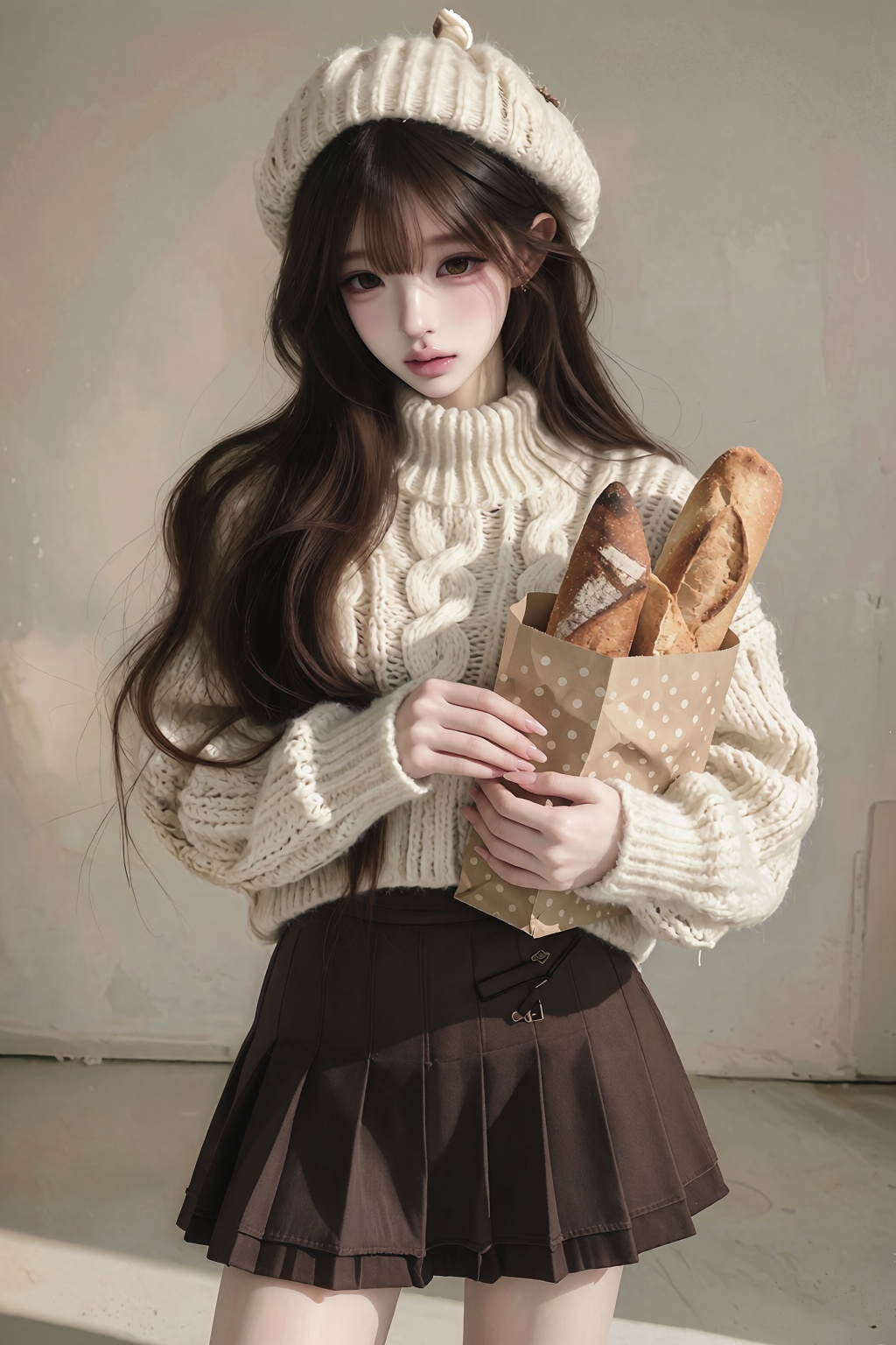 medium layered hush cut,  soft see-through air bangs,  A photorealistic soft winter fashion portrait of a young ***** woma...