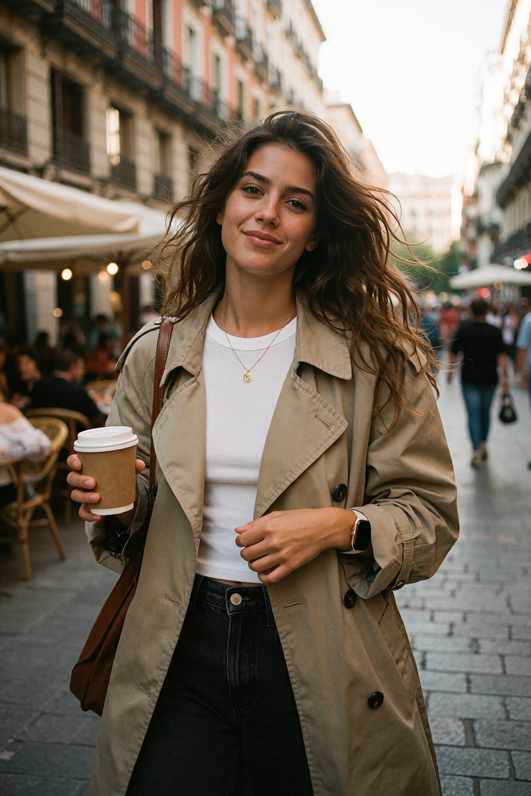 candid street-style photograph of a 24-year-old stylish woman walking down a bustling Madrid street,  natural mid-stride p...