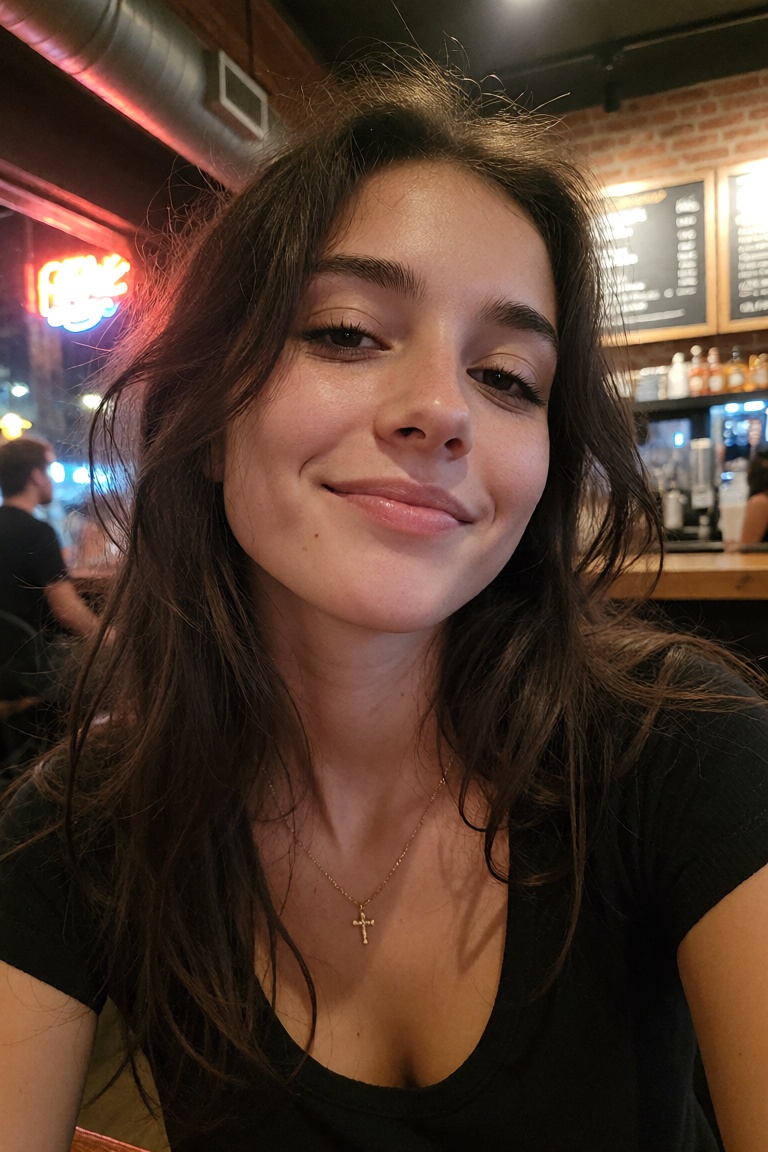 natural candid selfie-style photograph of a 22-year-old natural woman with messy long dark brown hair,  looking slightly d...