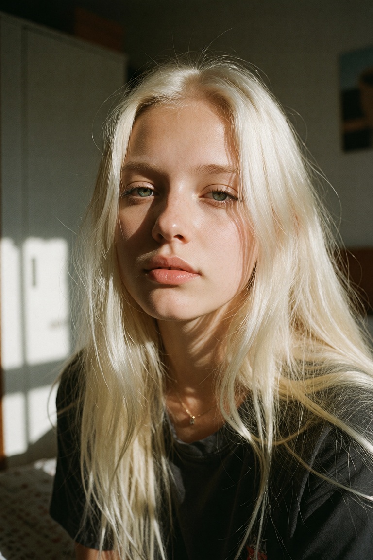 close-up natural portrait of a young woman with very long straight platinum blonde hair,  looking directly into the camera...