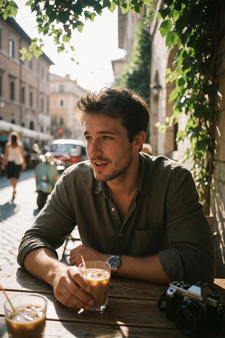 candid lifestyle photograph of a 28-year-old man sitting at an outdoor terrace cafe in Rome,  leaning forward slightly wit...