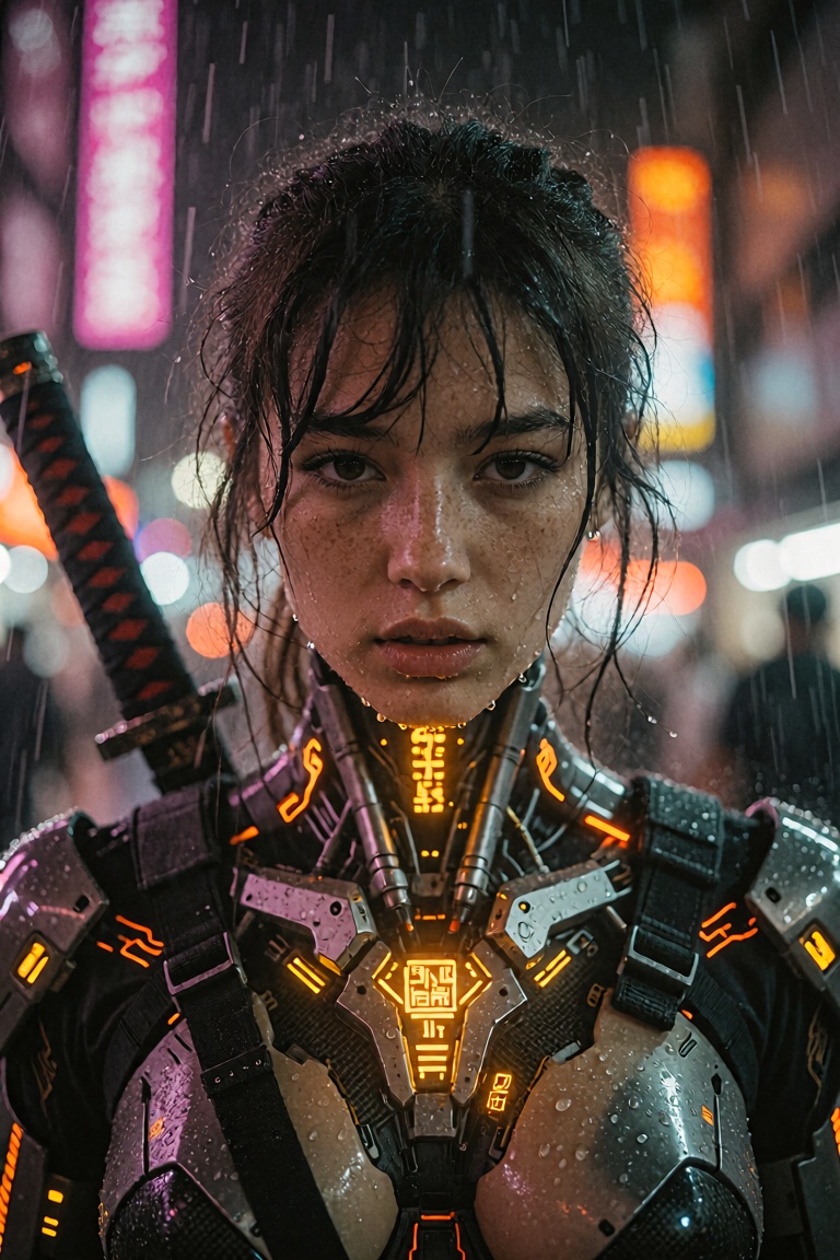intense close-up portrait of a young cyberpunk woman with wet dark messy hair and bangs covered in realistic rain droplets...