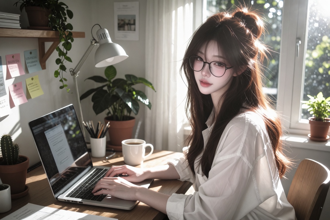 A female,  20 year old,  a messy half-up hairstyle and round glasses on Tensor.Art