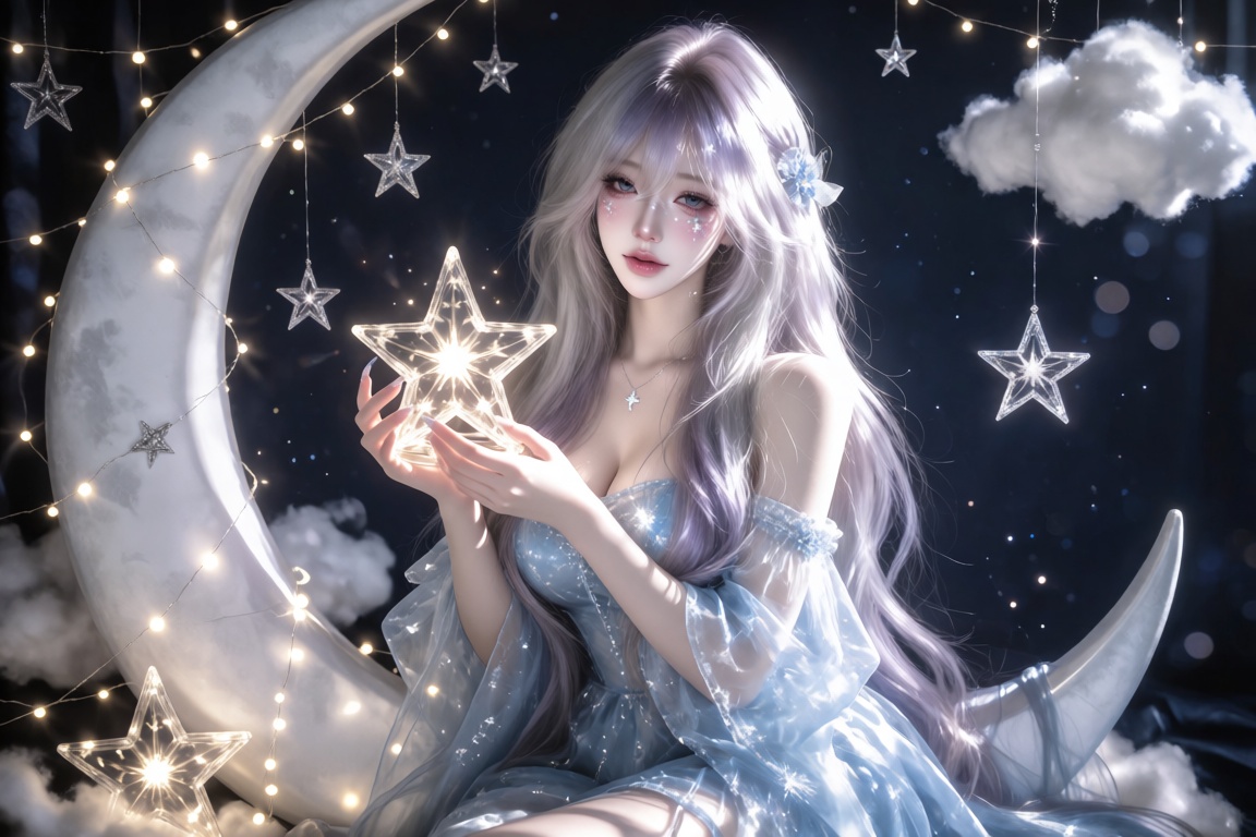 An Asian female,  20 year old,  long silver-lilac hair and star-shaped glitter on her cheeks on Tensor.Art