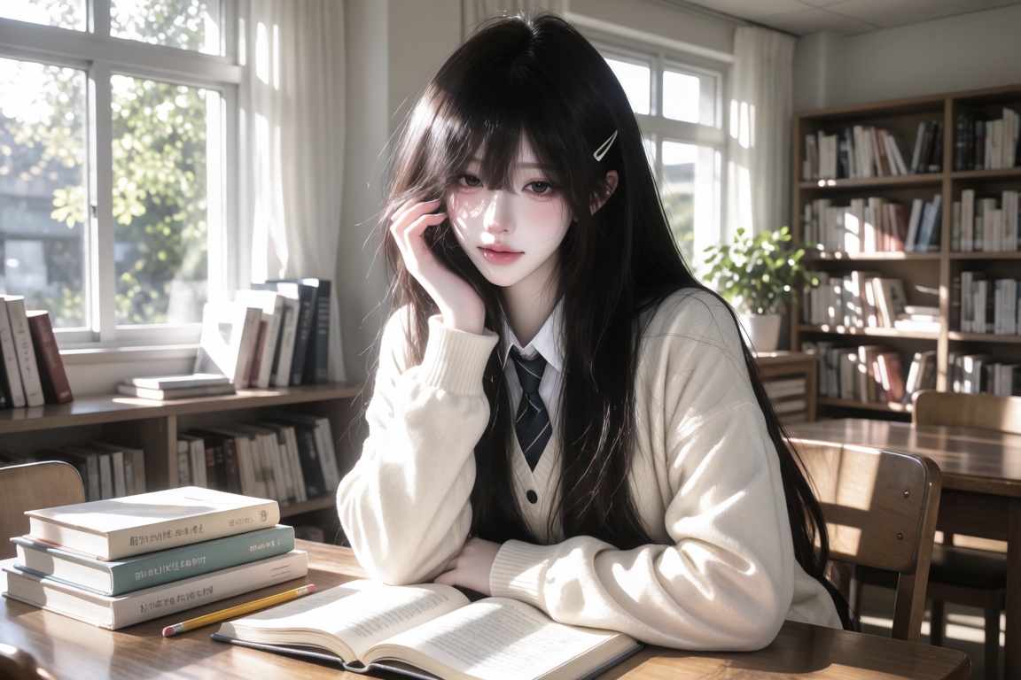 A female,  20 year old,  long black hair and a hairclip on Tensor.Art