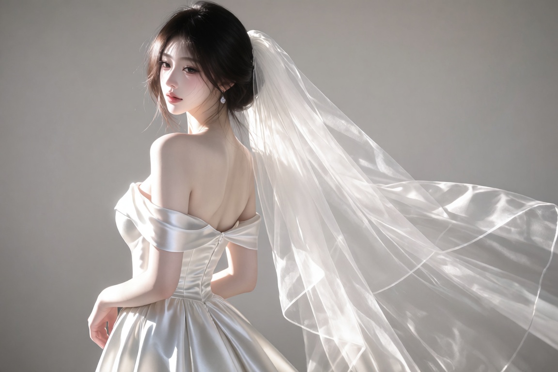 An Asian female,  20 year old,  sleek hair and a sheer long veil flowing in the air on Tensor.Art