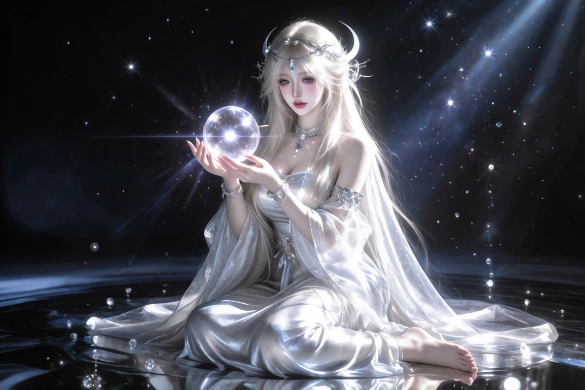 An Asian female,  20 year old,  long white-blonde hair and a silver crescent headpiece on Tensor.Art