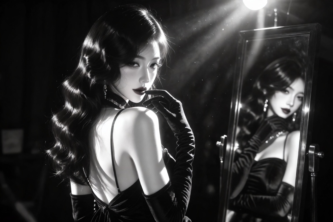 An Asian female,  20 year old,  sleek finger-wave hair and dark lipstick on Tensor.Art