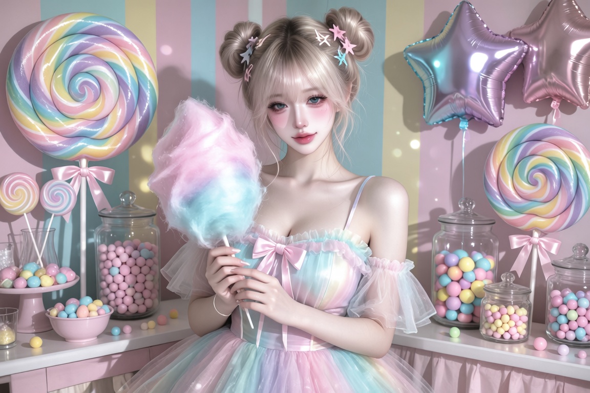 A female,  20 year old,  twin buns and star-shaped clips on Tensor.Art