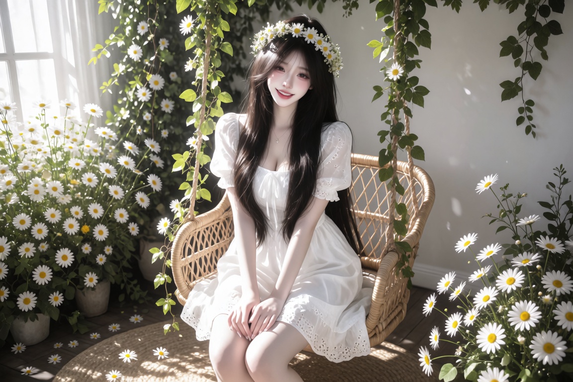 An Asian female,  20 year old,  long straight hair and a daisy crown on Tensor.Art