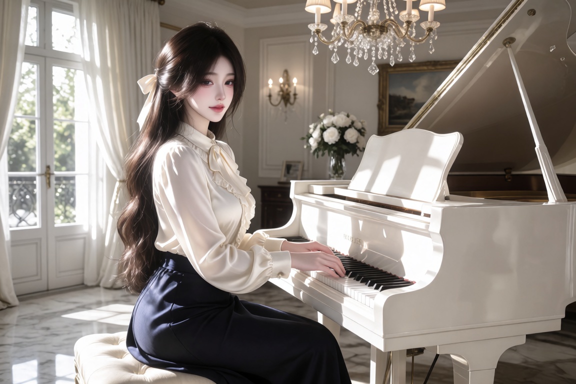 An Asian female,  20 year old,  a neat half-up hairstyle and a satin ribbon on Tensor.Art