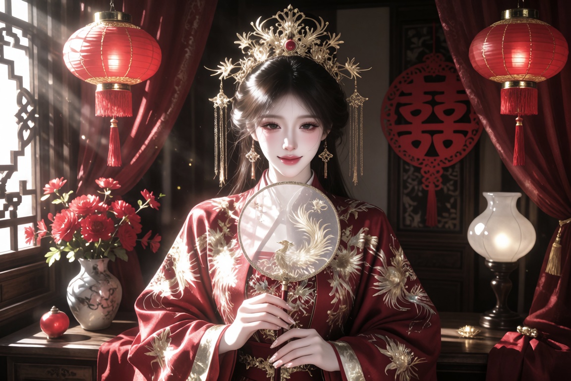 An Asian female,  20 year old,  an ornate gold phoenix crown and tassels on Tensor.Art