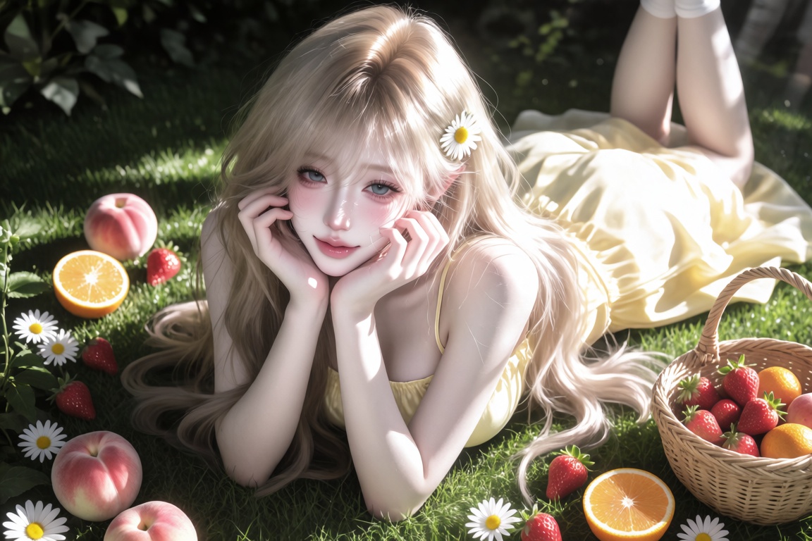 A female,  20 year old,  long wavy hair and a daisy hairpin on Tensor.Art