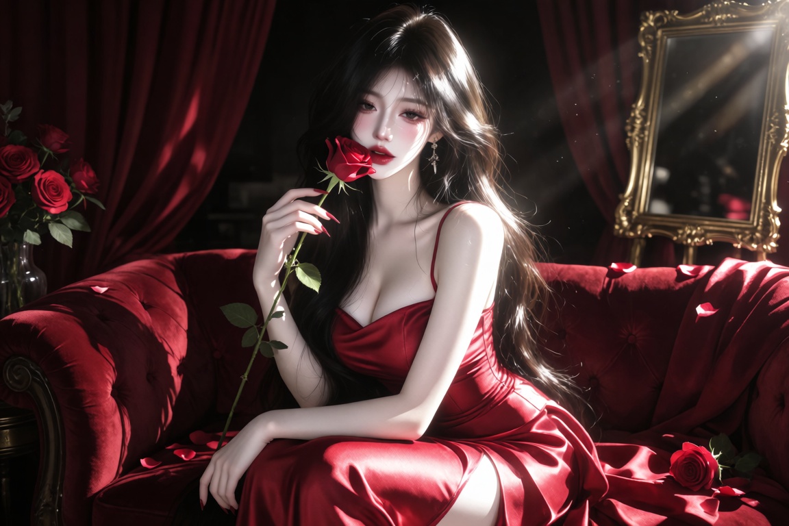 An Asian female,  20 year old,  glossy long waves and bold red lipstick on Tensor.Art