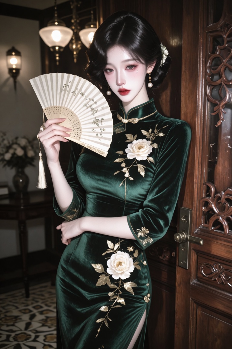 An Asian female,  20 year old,  finger-wave short black hair and red lipstick on Tensor.Art