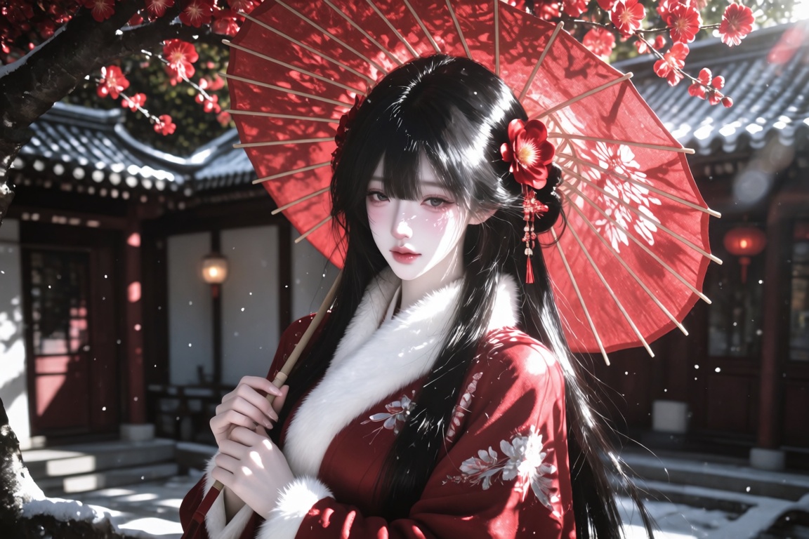 An Asian female,  20 year old,  long black hair and a red flower hairpin on Tensor.Art