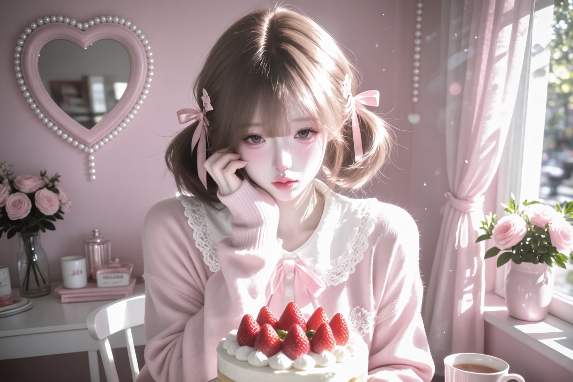 An Korean female,  20 year old,  light-brown hair in twin low pigtails with pink ribbons on Tensor.Art