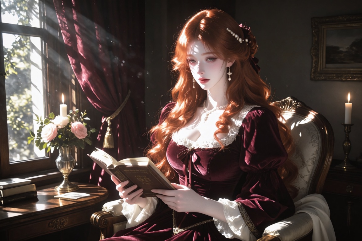 A female,  20 year old,  long auburn curls decorated with small pearls on Tensor.Art