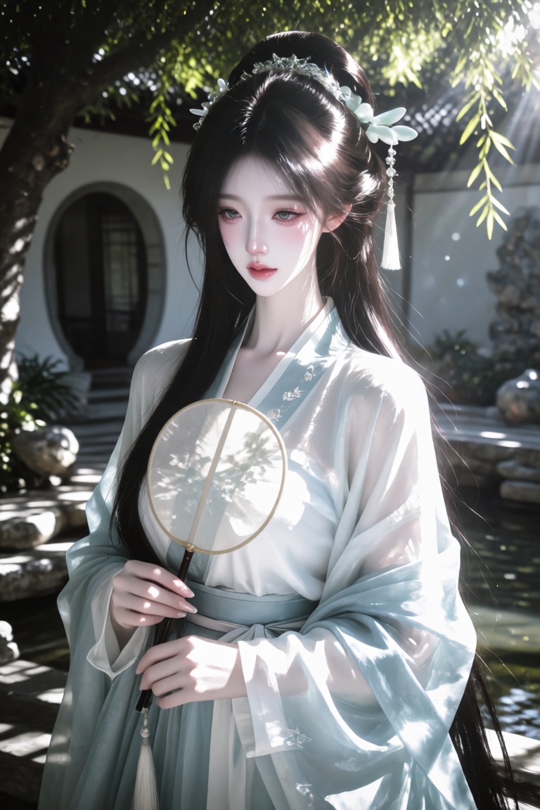 An Asian female,  20 year old,  long black hair in an elegant half-up hairstyle with a jade hairpin and tassel on Tensor.Art