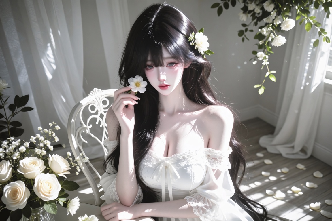 A female,  20 year old,  soft wavy black hair and a small white flower hairpin on Tensor.Art