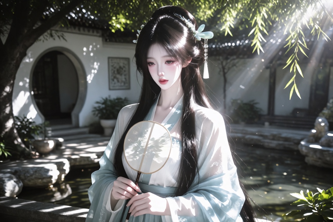 An Asian female,  20 year old,  long black hair in an elegant half-up hairstyle with a jade hairpin and tassel on Tensor.Art