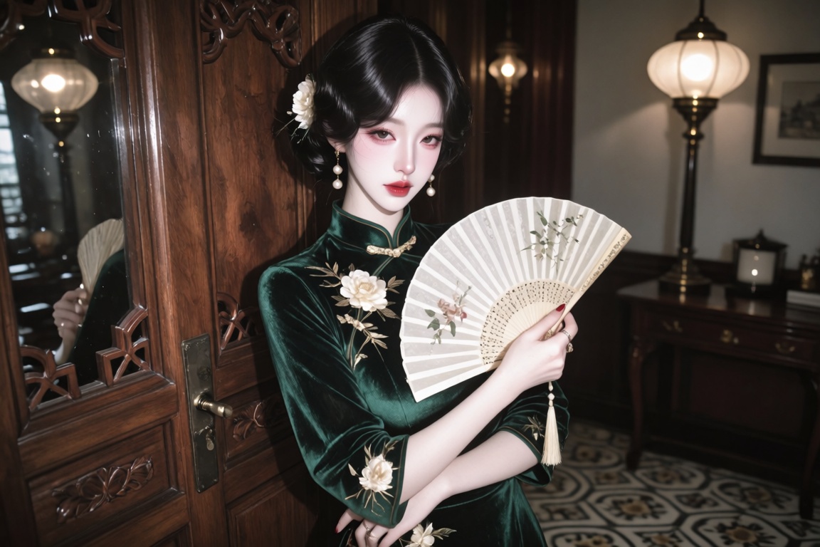 An Asian female,  20 year old,  finger-wave short black hair and red lipstick on Tensor.Art