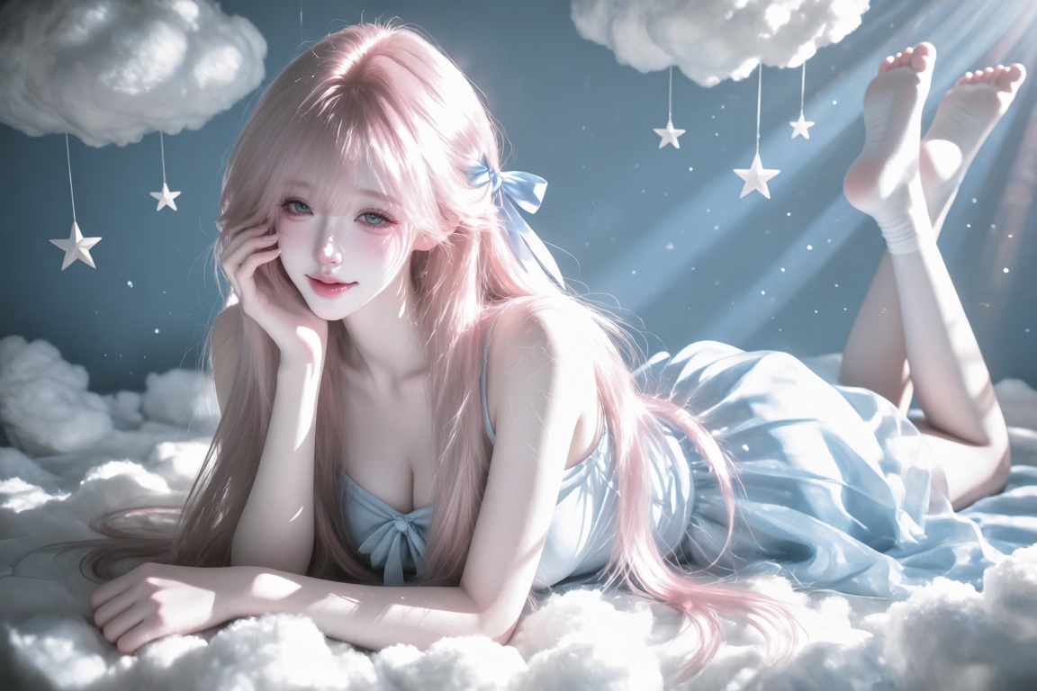 A female,  20 year old,  long straight hair and a pastel blue ribbon on Tensor.Art