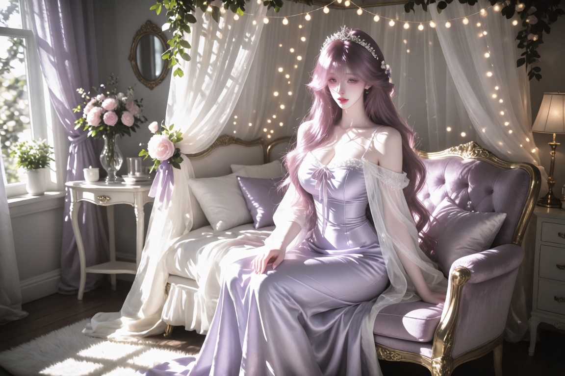 A female,  20 year old,  long wavy hair and a delicate pearl tiara on Tensor.Art