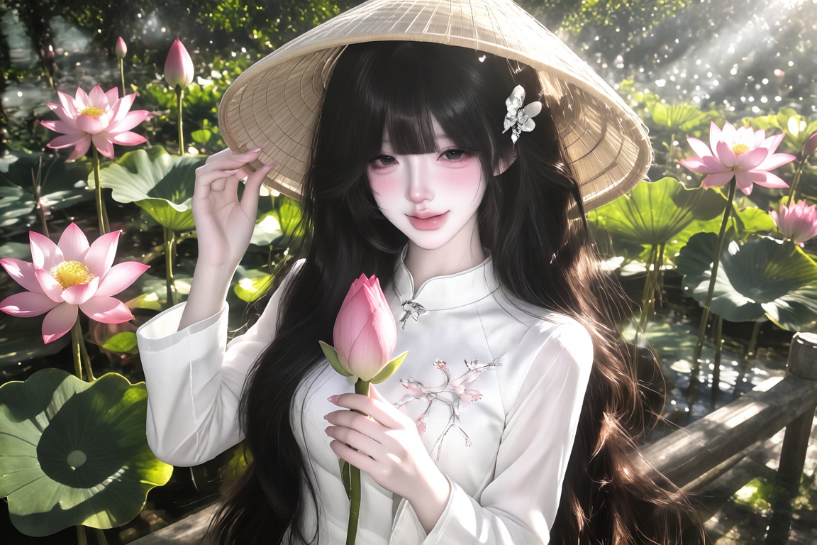 A young Vietnamese girl with long silky black hair and soft bangs,  wearing a white ao dai with delicate embroidery and a...