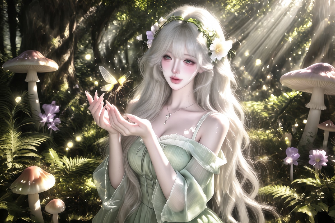 An Asian female,  20 year old,  long wavy silver-white hair and a small flower crown on Tensor.Art
