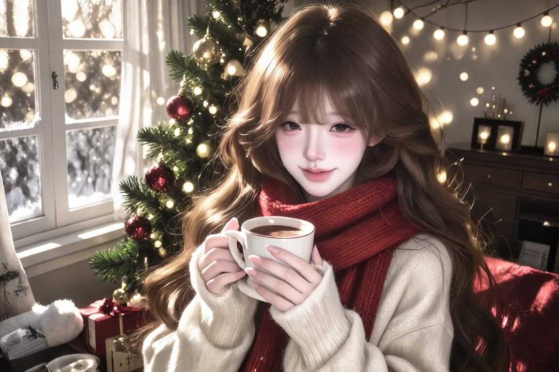 An Asian girl with soft wavy brown hair,  wearing a thick cream sweater and a red knitted scarf,  holding a warm cup of co...