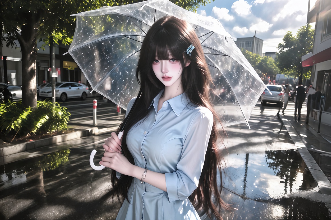 An Asian female with shoulder-length black hair and air bangs,  wearing a light-blue shirt dress,  holding a transparent u...