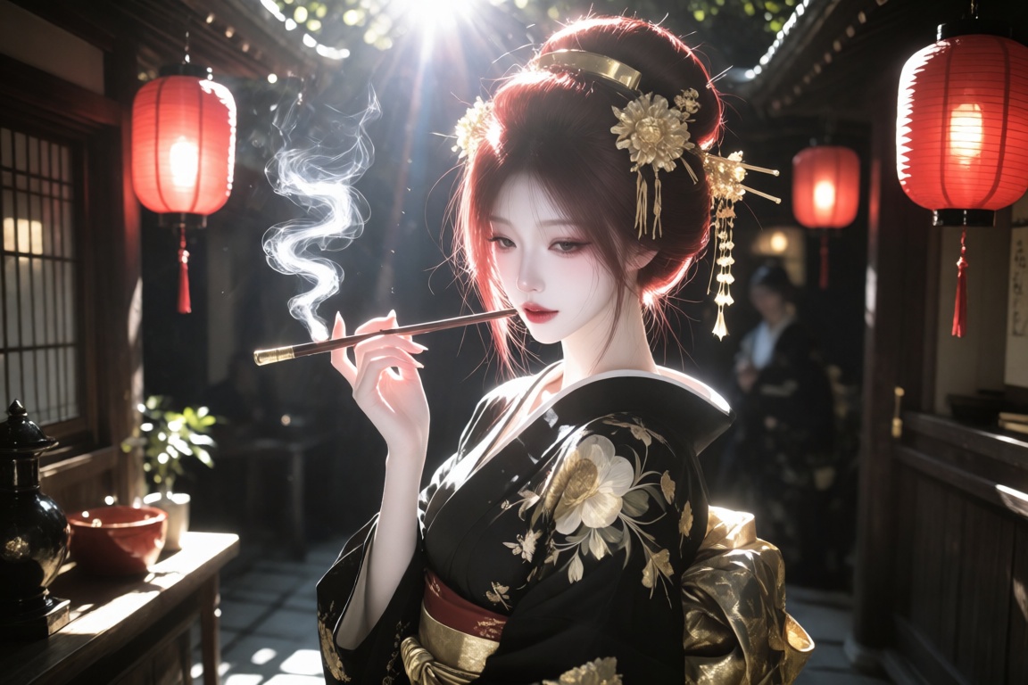 An Asian female,  20 year old,  an elaborate hairstyle holding many gold kanzashi on Tensor.Art