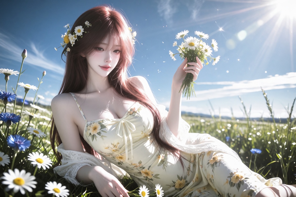 An Asian female,  20 year old,  long soft-wavy light-brown hair adorned with a wildflower crown on Tensor.Art