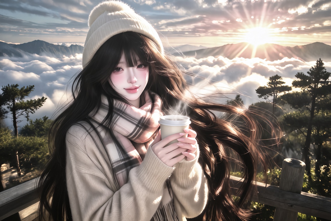 An Asian female,  20 year old,  long black hair blowing in the wind on Tensor.Art