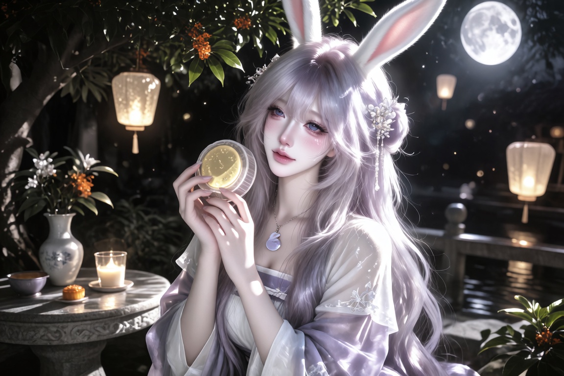 An Asian female,  20 year old,  long white rabbit ears and a light-lilac wavy hair with pearl hairpins on Tensor.Art