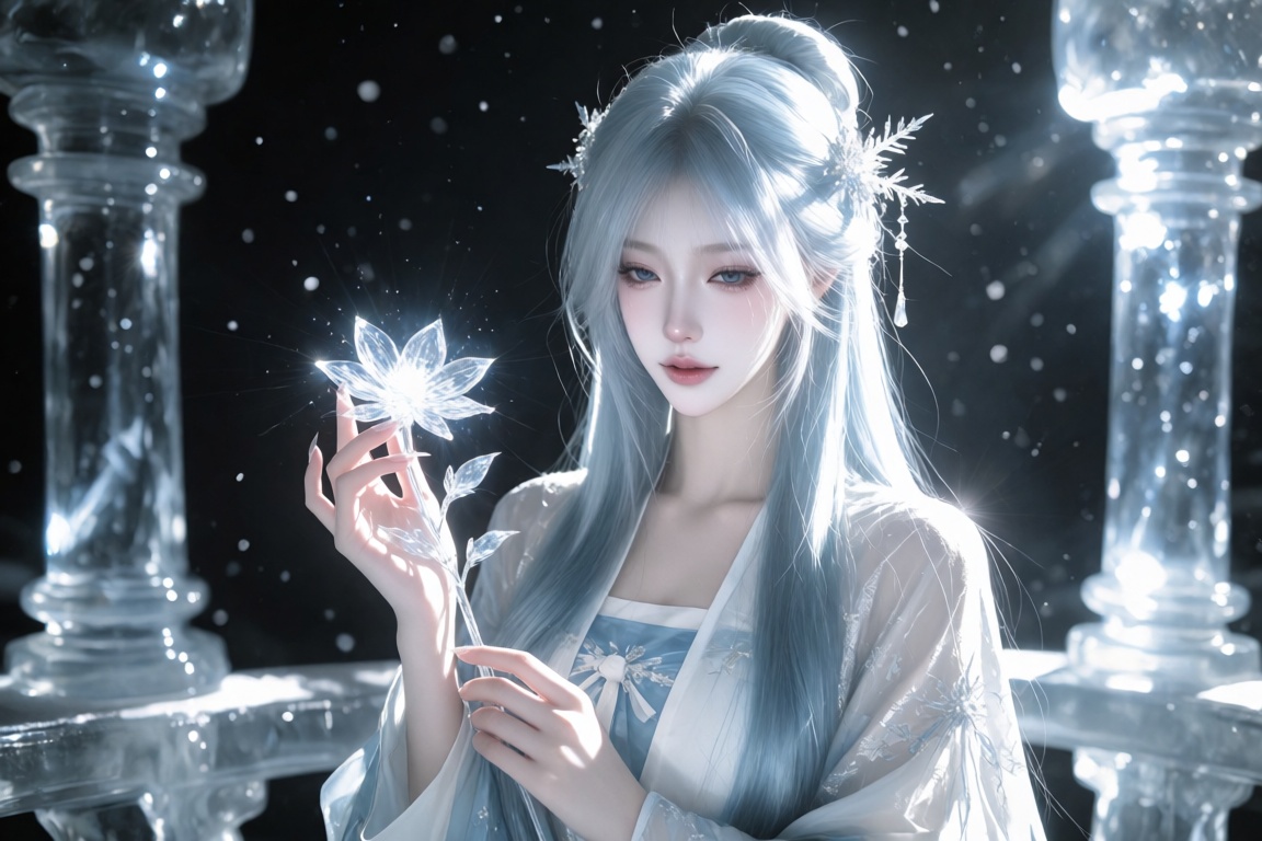 An Asian female,  20 year old,  long icy-blue silver hair in a half-up style with snowflake crystal hairpins on Tensor.Art